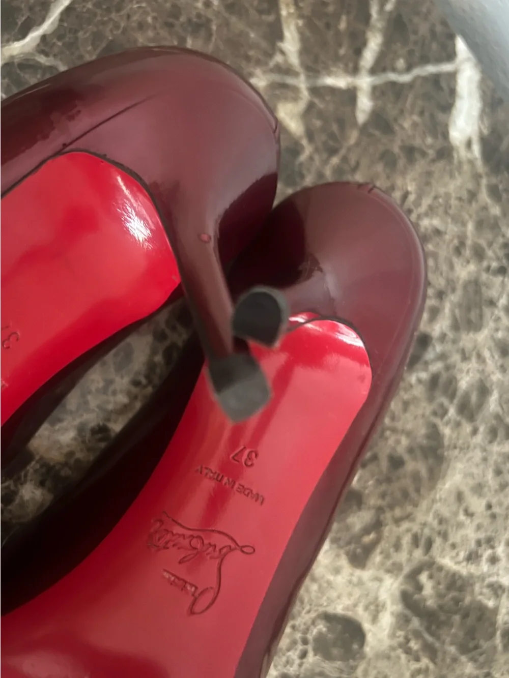 Christian Louboutin Shimmering Burgundy Patent Leather Prive 70mm Platform Pumps